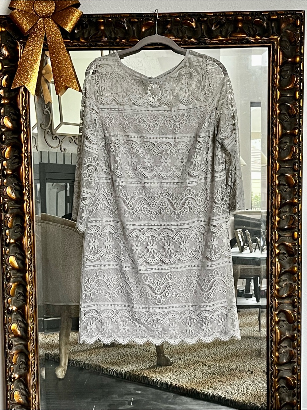 Max Studio Silver Lace Long Sleeve Shift Dress